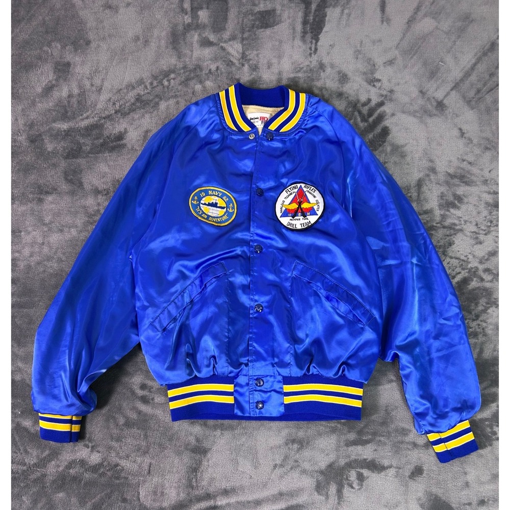 Vintage US Navy Satin Bomber Jacket Mens Blue Yellow King Louie Pro Fit - Picture 1 of 11